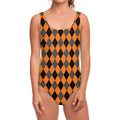 Orange Black And Grey Argyle Print One Piece Swimsuit