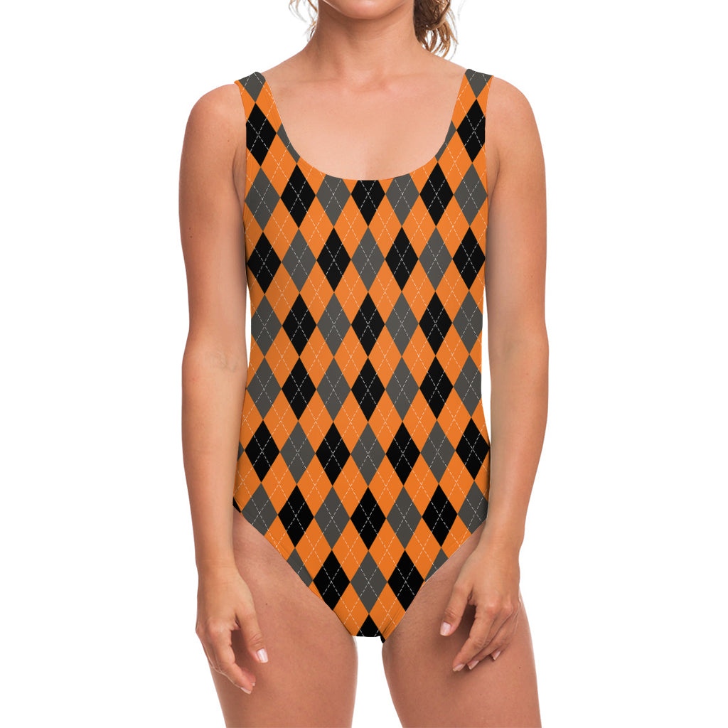 Orange Black And Grey Argyle Print One Piece Swimsuit