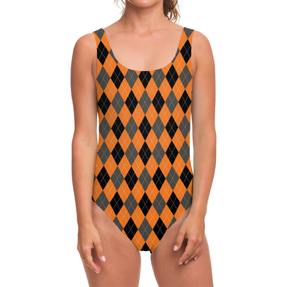 Orange Black And Grey Argyle Print One Piece Swimsuit