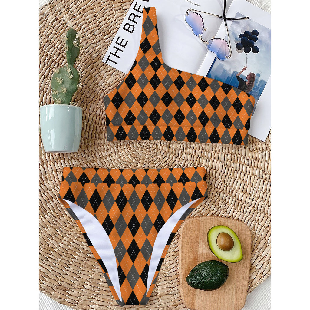 Orange Black And Grey Argyle Print One Shoulder Bikini Top