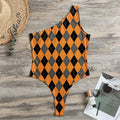 Orange Black And Grey Argyle Print One Shoulder Bodysuit