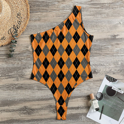 Orange Black And Grey Argyle Print One Shoulder Bodysuit