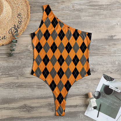 Orange Black And Grey Argyle Print One Shoulder Bodysuit