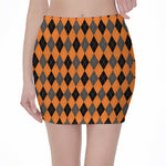 Orange Black And Grey Argyle Print Pencil Mini Skirt