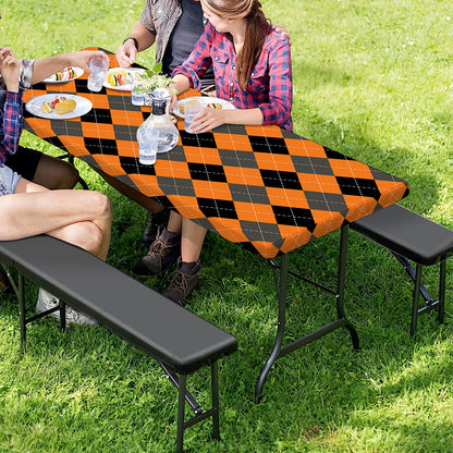Orange Black And Grey Argyle Print Picnic Table Cover