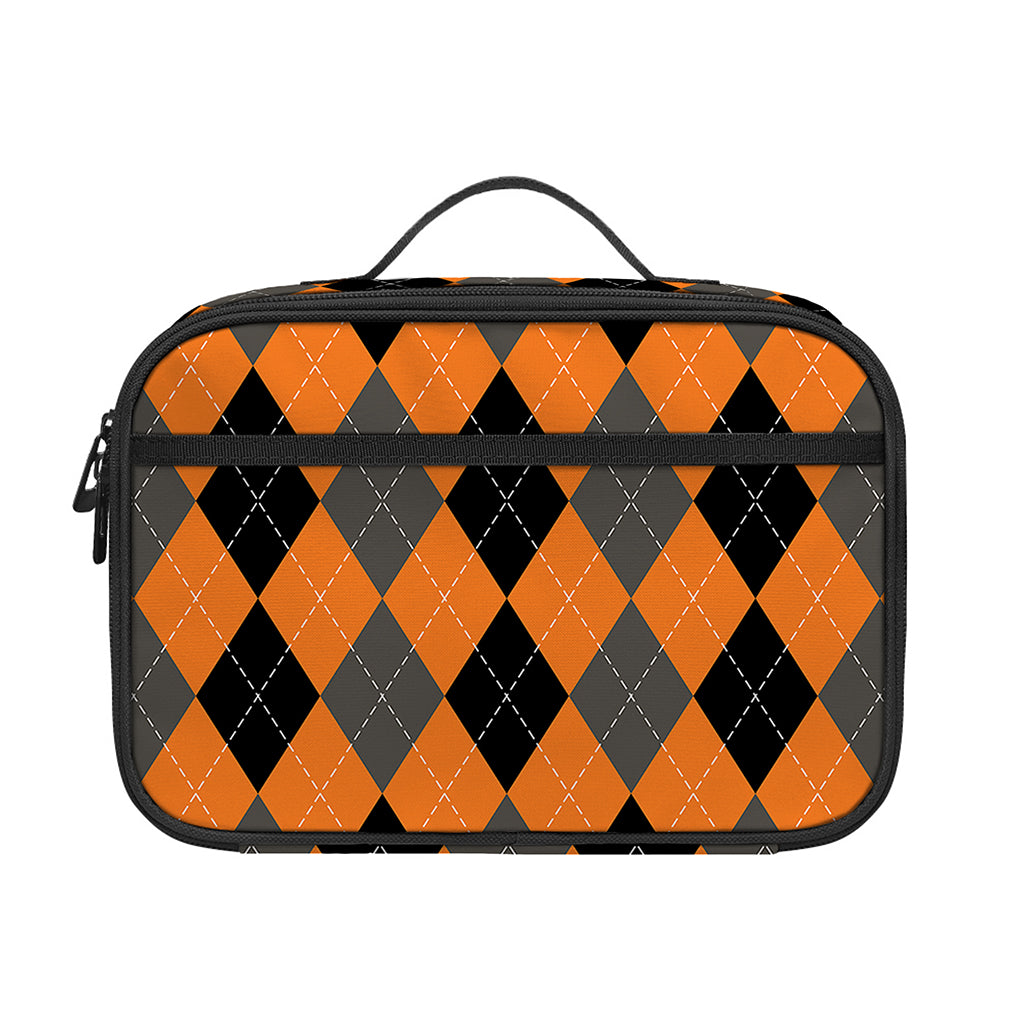 Orange Black And Grey Argyle Print Portable Lunch Bag