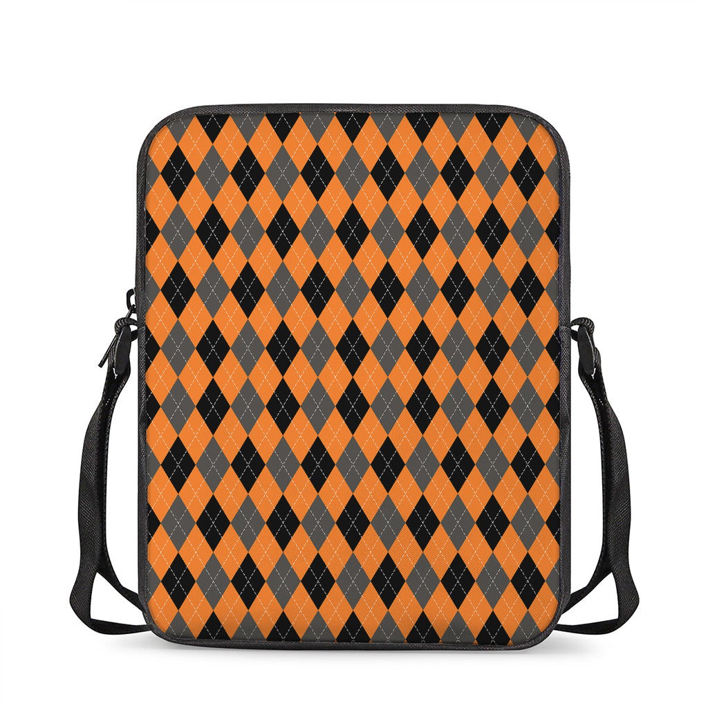 Orange Black And Grey Argyle Print Rectangular Crossbody Bag