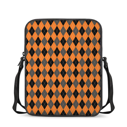Orange Black And Grey Argyle Print Rectangular Crossbody Bag
