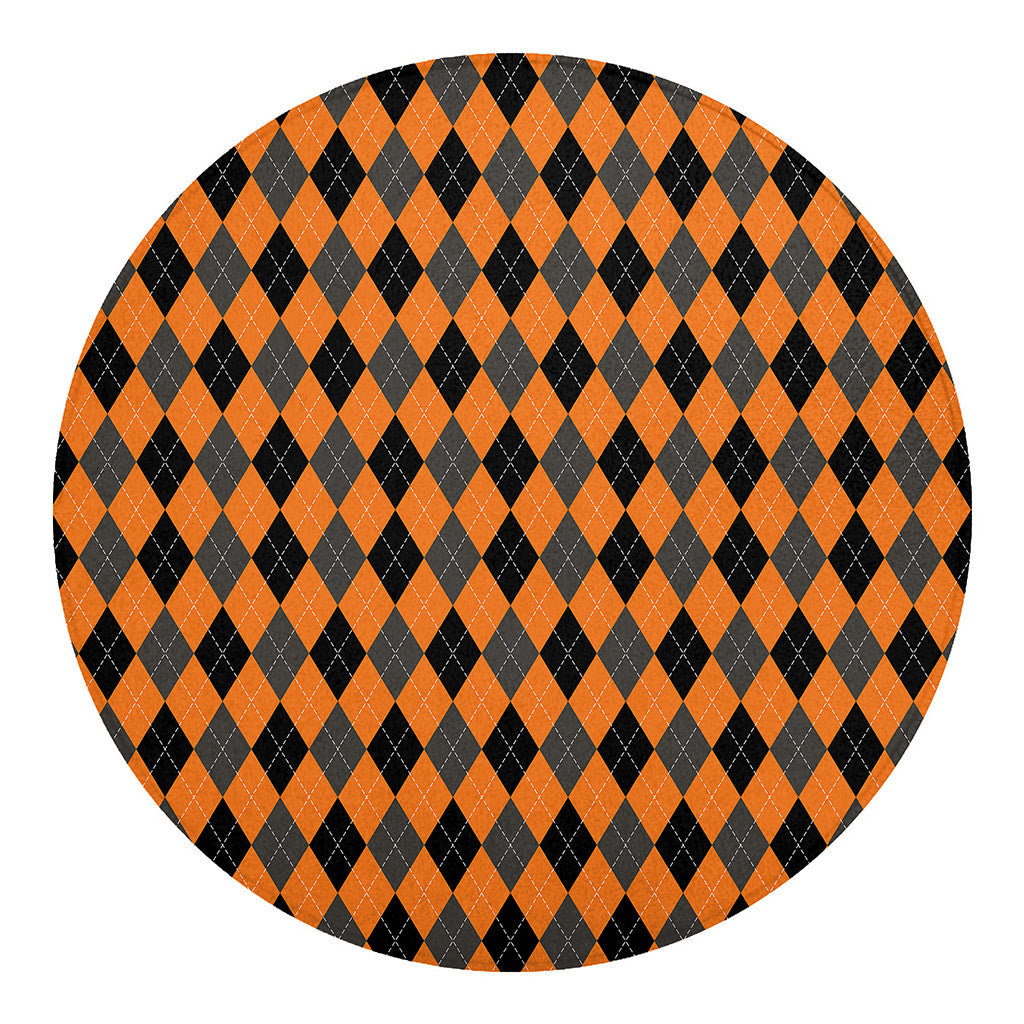Orange Black And Grey Argyle Print Round Blanket