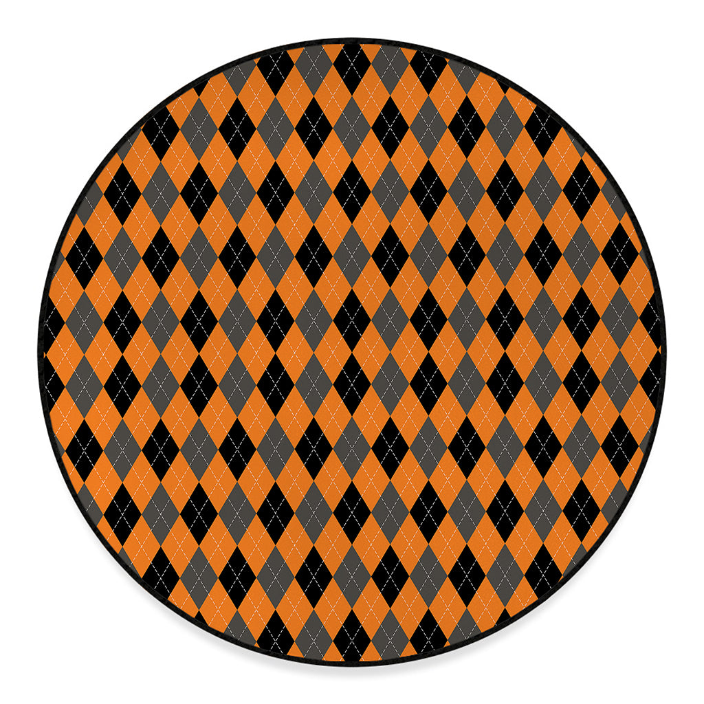 Orange Black And Grey Argyle Print Round Floor Mat