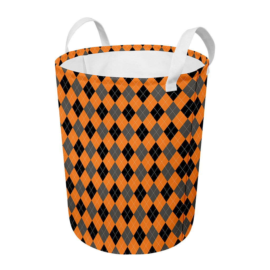 Orange Black And Grey Argyle Print Round Laundry Basket