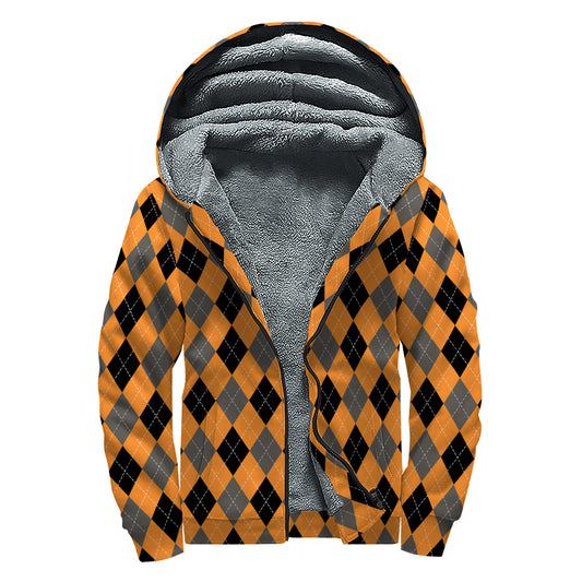 Orange Black And Grey Argyle Print Sherpa Lined Zip Up Hoodie
