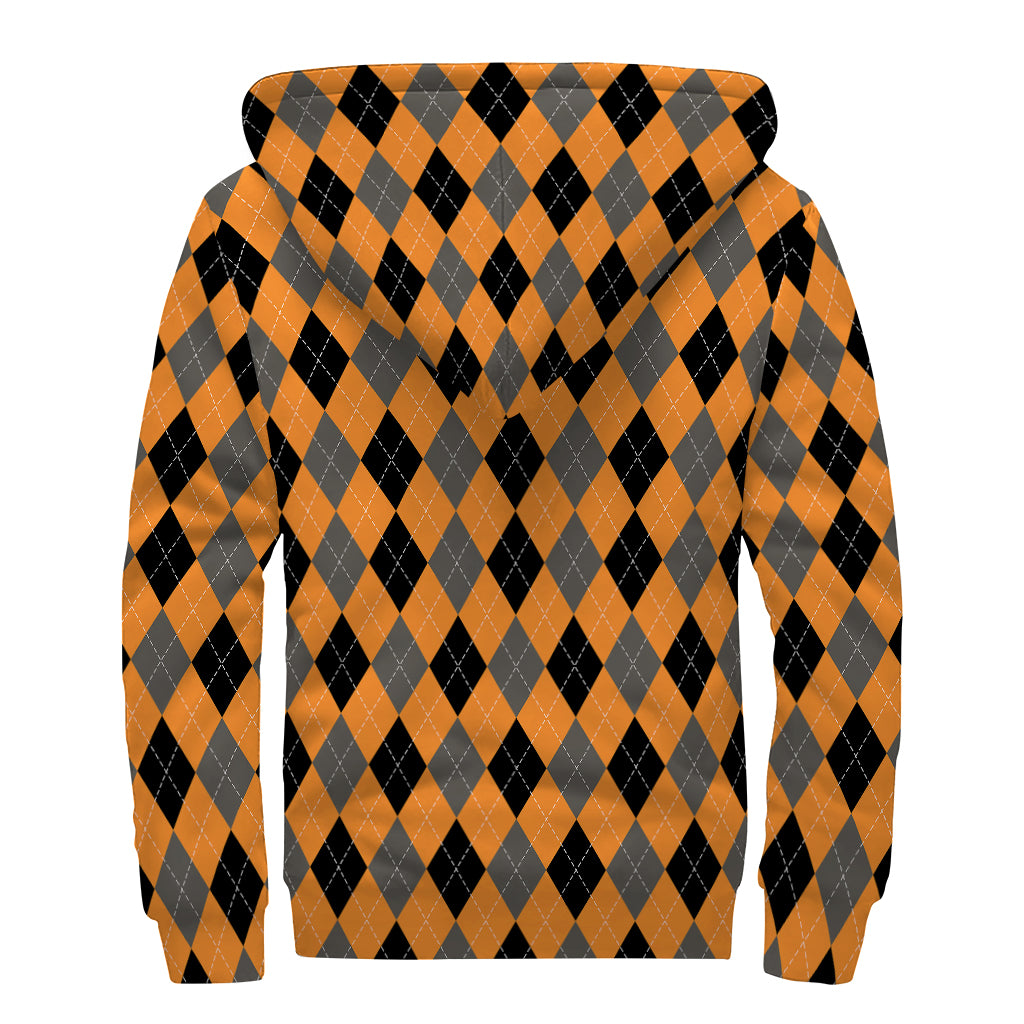 Orange Black And Grey Argyle Print Sherpa Lined Zip Up Hoodie