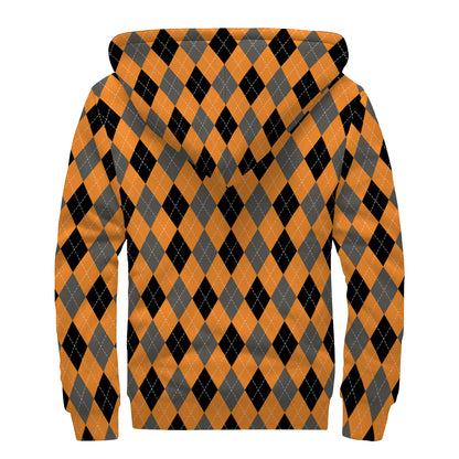 Orange Black And Grey Argyle Print Sherpa Lined Zip Up Hoodie