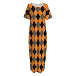 Orange Black And Grey Argyle Print Short Sleeve Long Nightdress