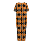 Orange Black And Grey Argyle Print Short Sleeve Long Nightdress