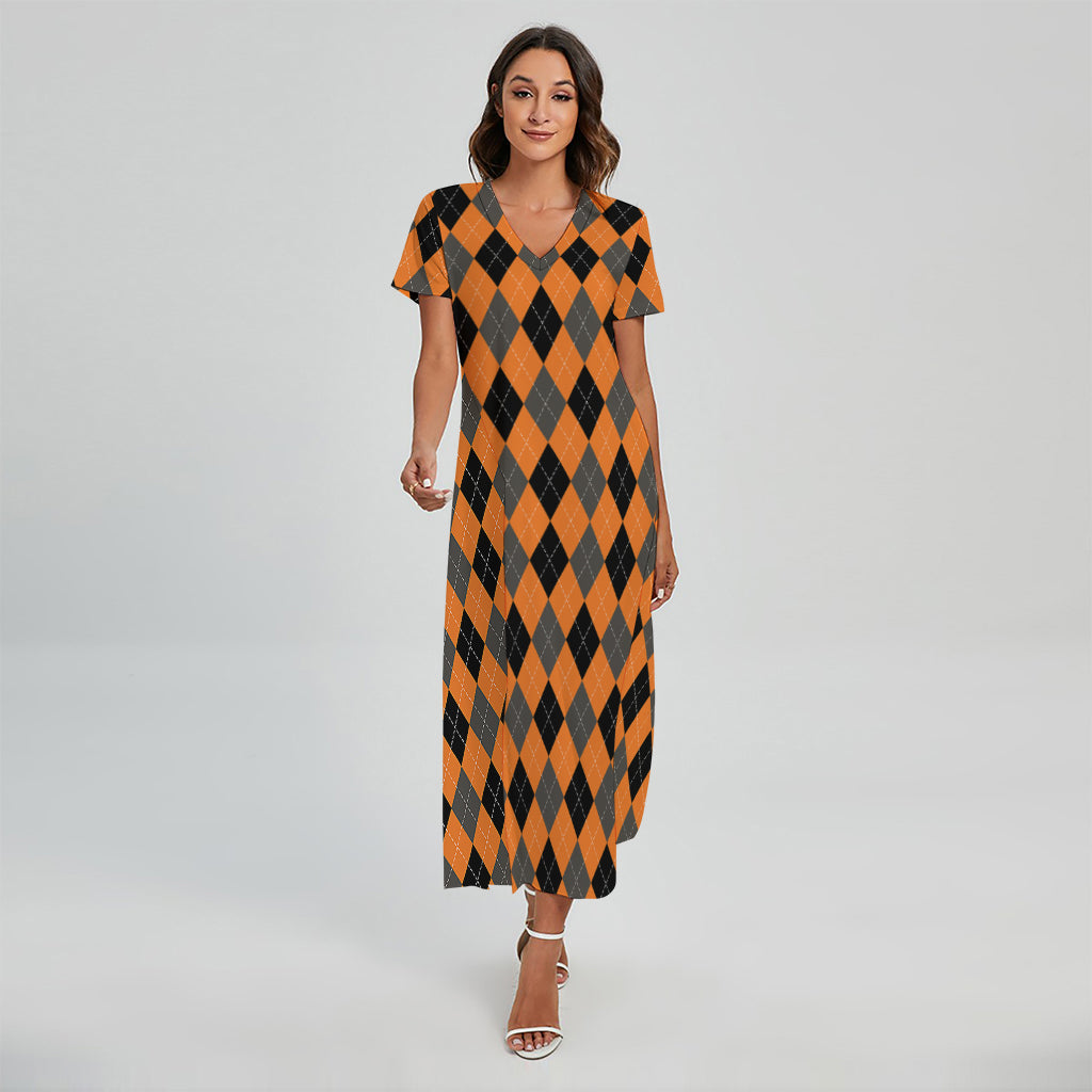 Orange Black And Grey Argyle Print Short Sleeve Maxi Dress