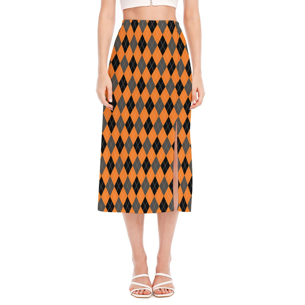 Orange Black And Grey Argyle Print Side Slit Midi Skirt