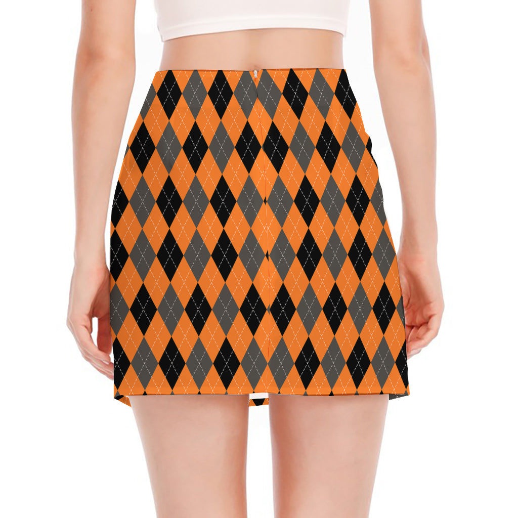 Orange Black And Grey Argyle Print Side Slit Mini Skirt