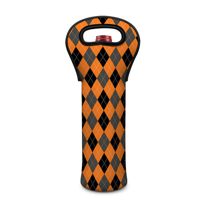 Orange Black And Grey Argyle Print Single Neoprene Wine Tote