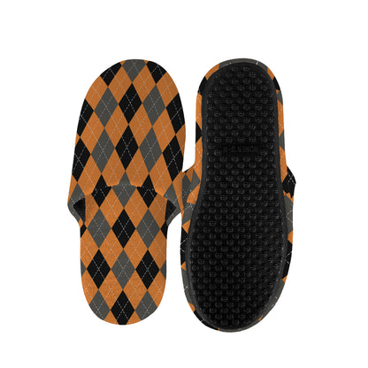Orange Black And Grey Argyle Print Slippers