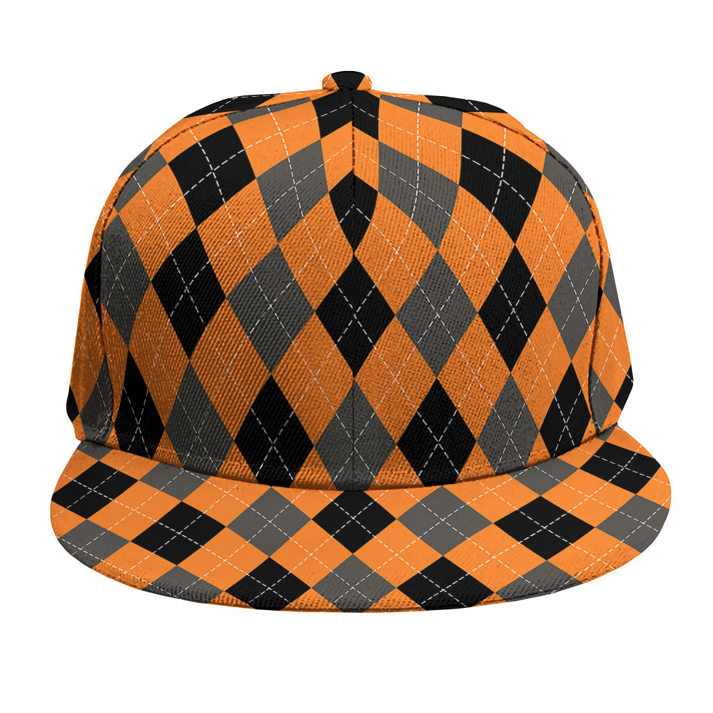 Orange Black And Grey Argyle Print Snapback Cap