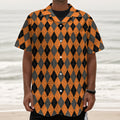 Orange Black And Grey Argyle Print Textured Short Sleeve Shirt