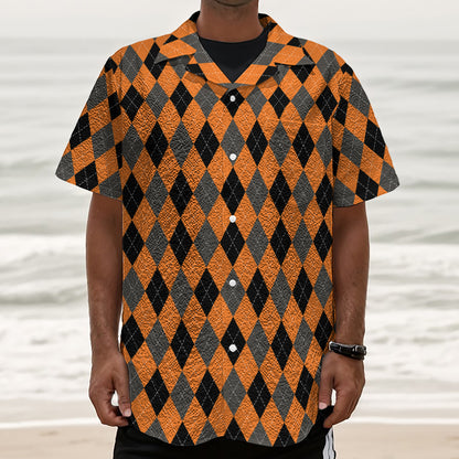 Orange Black And Grey Argyle Print Textured Short Sleeve Shirt