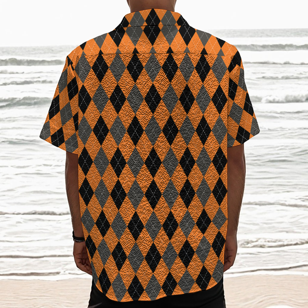 Orange Black And Grey Argyle Print Textured Short Sleeve Shirt