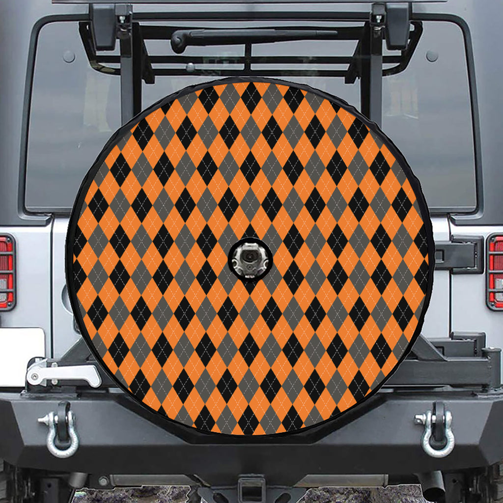 Orange Black And Grey Argyle Print Tire Cover With Camera Hole