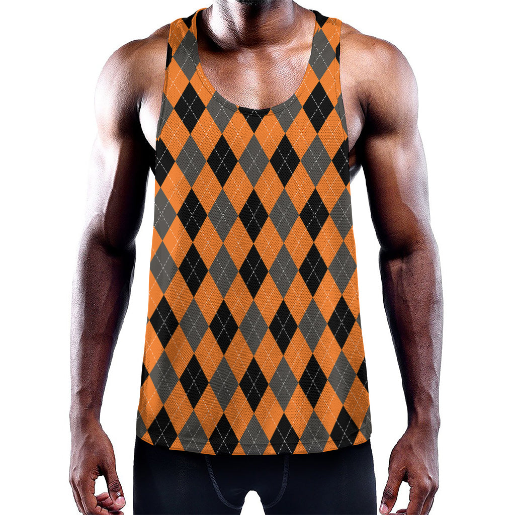 Orange Black And Grey Argyle Print Training Tank Top