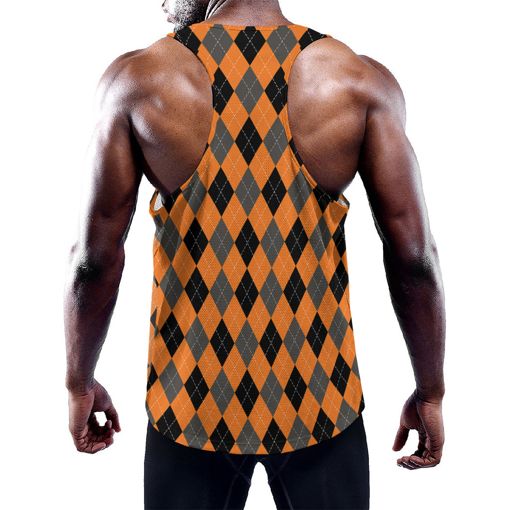 Orange Black And Grey Argyle Print Training Tank Top