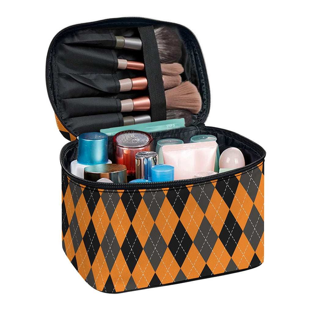 Orange Black And Grey Argyle Print Travel Makeup Bag