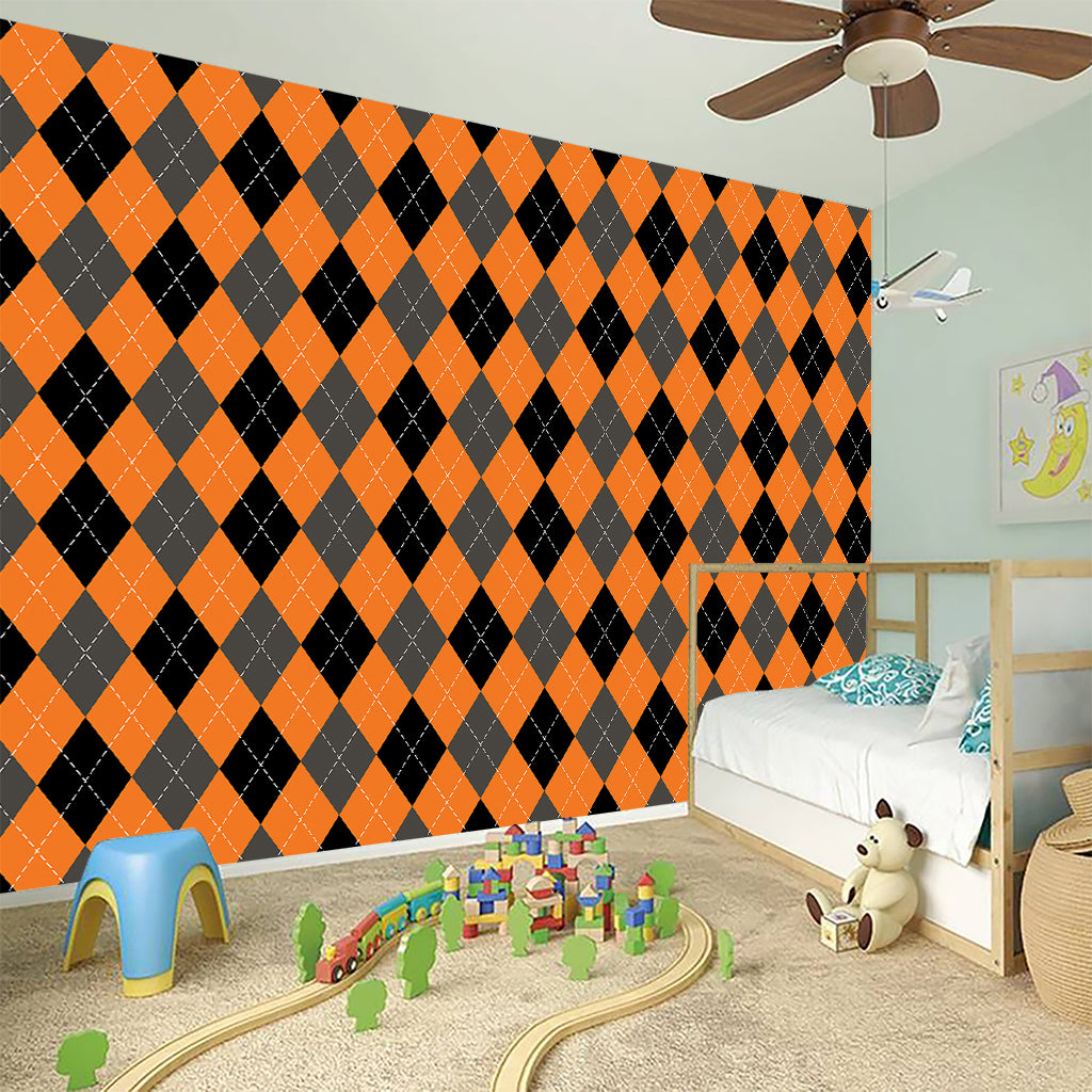 Orange Black And Grey Argyle Print Wall Sticker