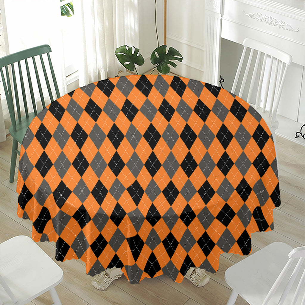 Orange Black And Grey Argyle Print Waterproof Round Tablecloth
