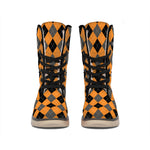 Orange Black And Grey Argyle Print Winter Boots