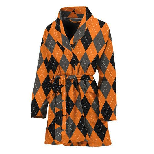 Orange Black And Grey Argyle Print Women's Bathrobe