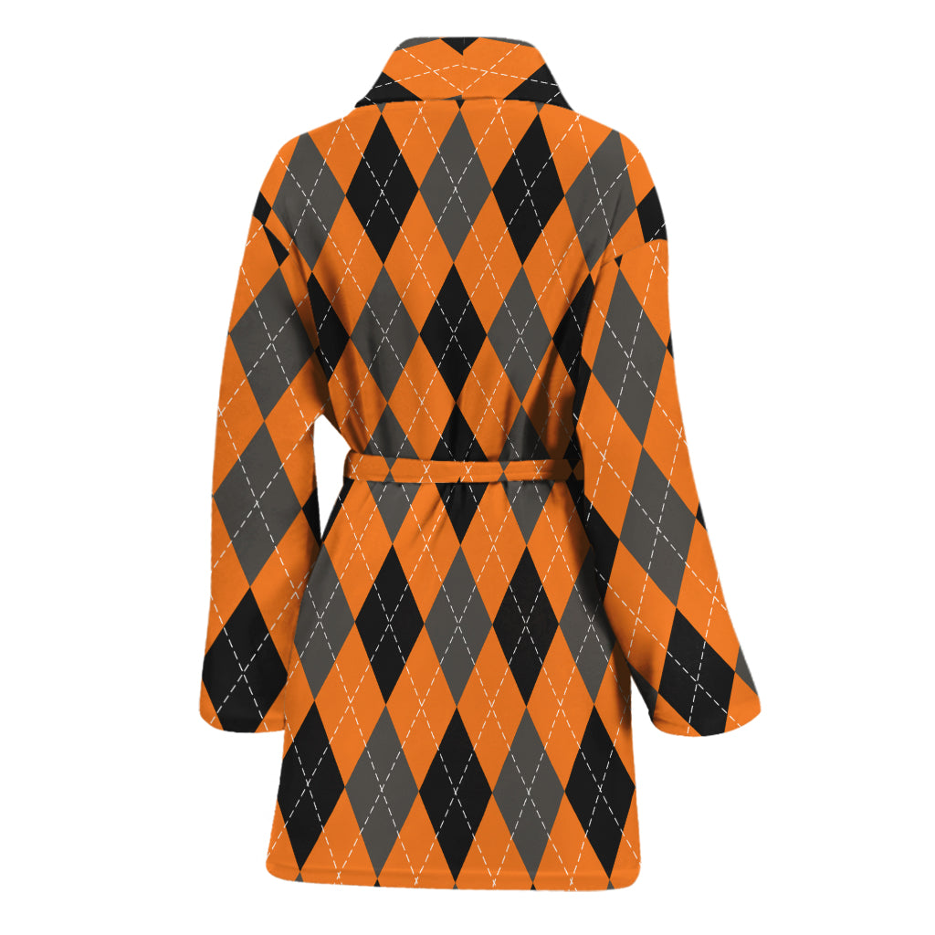 Orange Black And Grey Argyle Print Women's Bathrobe