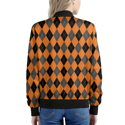 Orange Black And Grey Argyle Print Women's Bomber Jacket