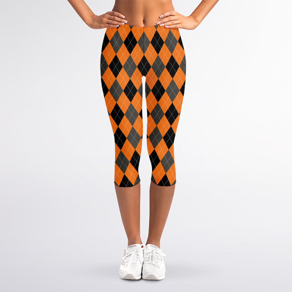Orange Black And Grey Argyle Print Women's Capri Leggings