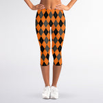Orange Black And Grey Argyle Print Women's Capri Leggings