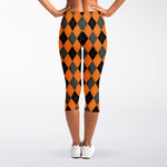 Orange Black And Grey Argyle Print Women's Capri Leggings