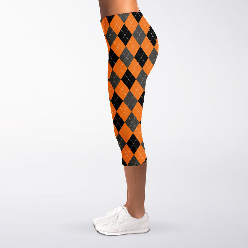 Orange Black And Grey Argyle Print Women's Capri Leggings
