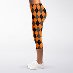 Orange Black And Grey Argyle Print Women's Capri Leggings