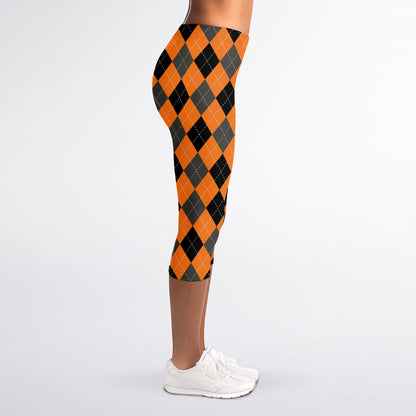 Orange Black And Grey Argyle Print Women's Capri Leggings