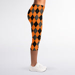 Orange Black And Grey Argyle Print Women's Capri Leggings