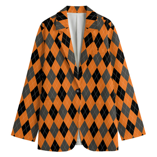 Orange Black And Grey Argyle Print Women's Cotton Blazer