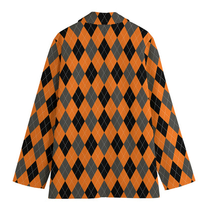 Orange Black And Grey Argyle Print Women's Cotton Blazer
