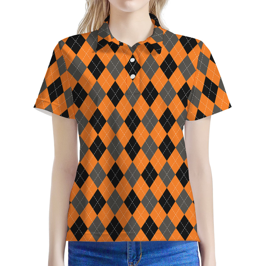 Orange Black And Grey Argyle Print Women's Polo Shirt
