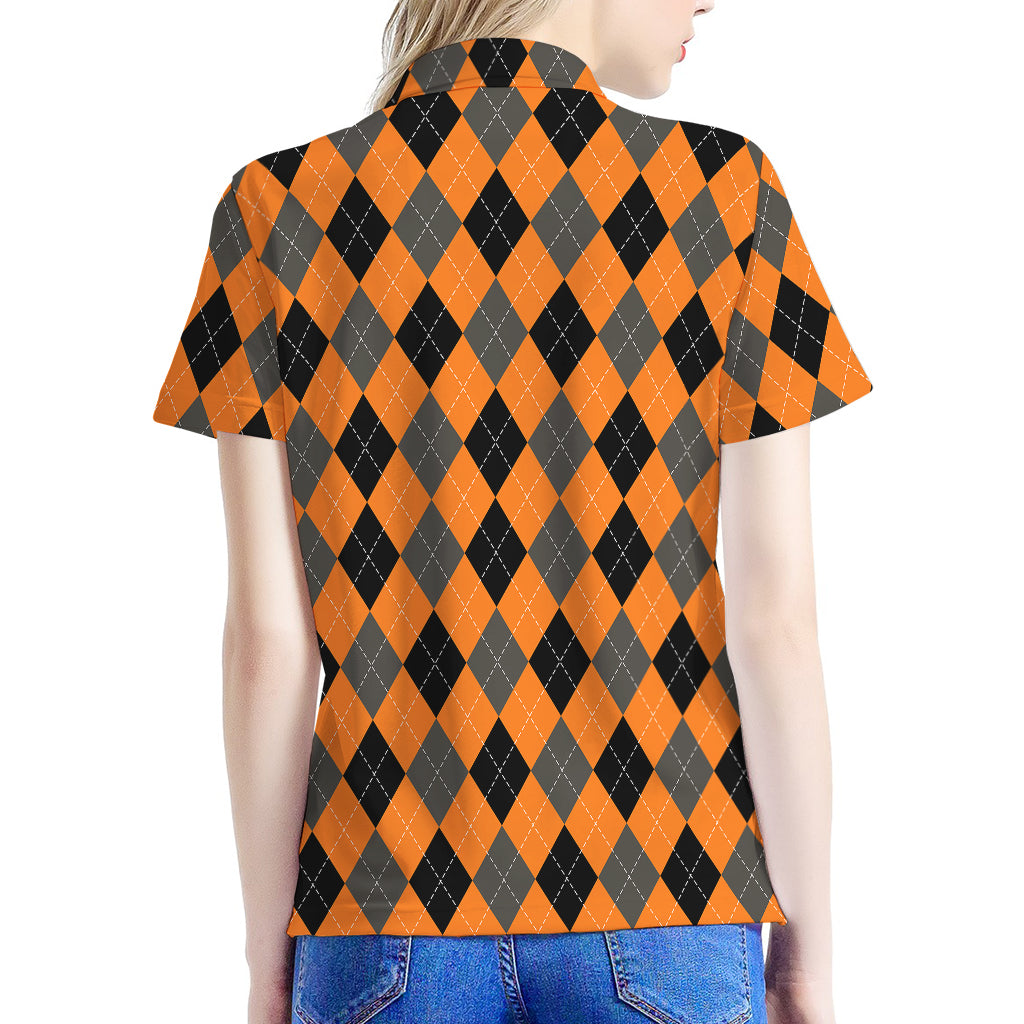 Orange Black And Grey Argyle Print Women's Polo Shirt